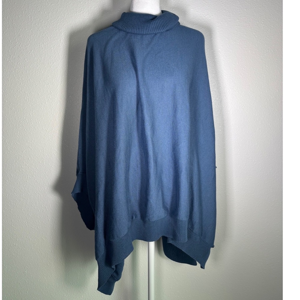 Blue Turtleneck Poncho Tunic Sweater Knit Shrug Wrap Asymmetrical Hem Savvi Sz 2